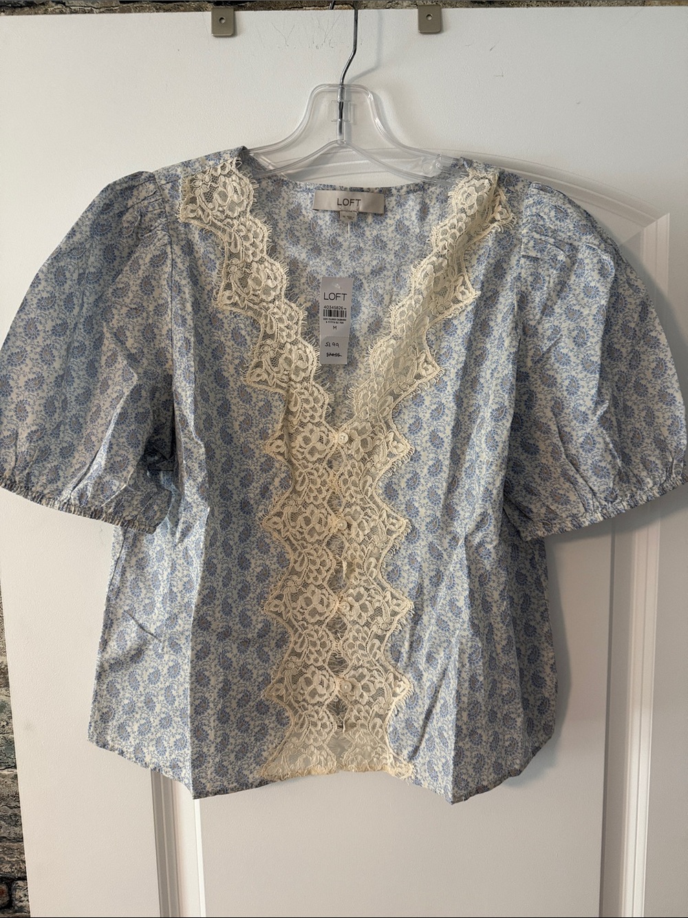 LOFT Light Blue Floral Lace-Front Puff Sleeve Blouse
